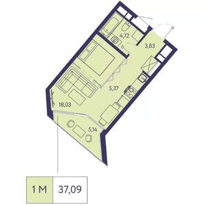 1-к квартира, вторичка, 37м2, 12/20 этаж