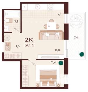 2-к квартира, вторичка, 51м2, 9/9 этаж