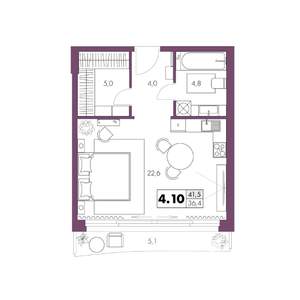1-к квартира, строящийся дом, 42м2, 4/6 этаж