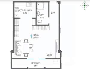 1-к квартира, вторичка, 47м2, 5/7 этаж