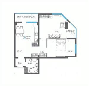 2-к квартира, строящийся дом, 64м2, 15/17 этаж