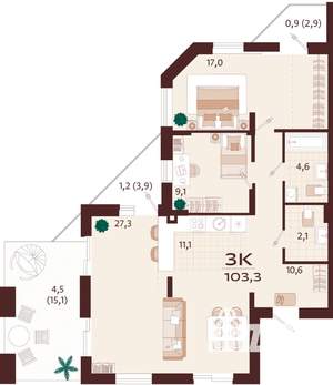 3-к квартира, строящийся дом, 101м2, 1/9 этаж