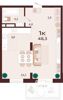 1-к квартира, вторичка, 48м2, 8/9 этаж