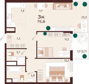 3-к квартира, строящийся дом, 76м2, 2/7 этаж