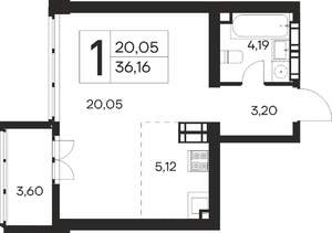 1-к квартира, вторичка, 36м2, 16/19 этаж