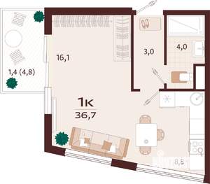 1-к квартира, строящийся дом, 37м2, 4/7 этаж