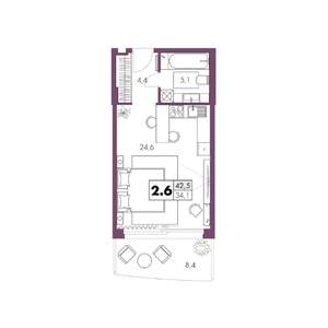 1-к квартира, вторичка, 43м2, 2/6 этаж