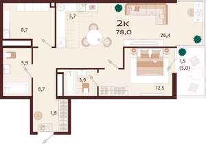 2-к квартира, строящийся дом, 78м2, 5/7 этаж