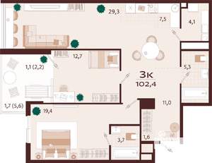 3-к квартира, строящийся дом, 102м2, 6/7 этаж