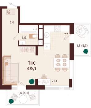 1-к квартира, вторичка, 49м2, 7/9 этаж