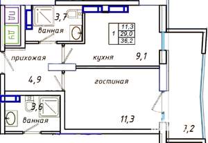 1-к квартира, строящийся дом, 36м2, 2/8 этаж