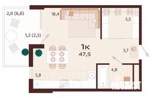 1-к квартира, строящийся дом, 48м2, 5/7 этаж