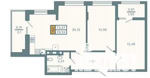 2-к квартира, строящийся дом, 79м2, 2/9 этаж