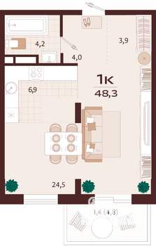1-к квартира, вторичка, 48м2, 4/9 этаж