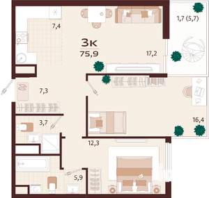 3-к квартира, вторичка, 76м2, 3/9 этаж