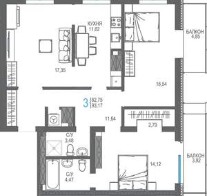 3-к квартира, сданный дом, 93м2, 16/16 этаж