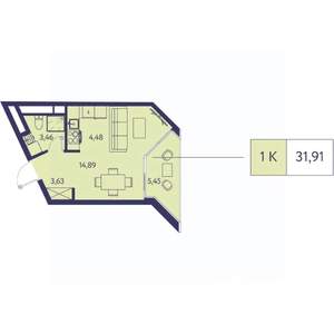 1-к квартира, строящийся дом, 32м2, 13/20 этаж