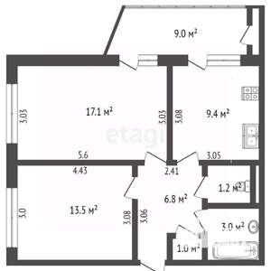 2-к квартира, вторичка, 52м2, 1/9 этаж