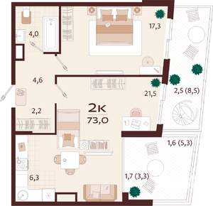 2-к квартира, строящийся дом, 73м2, 5/7 этаж