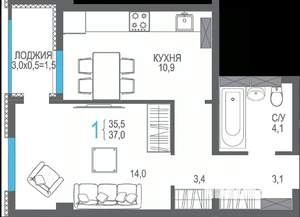 1-к квартира, строящийся дом, 37м2, 7/12 этаж