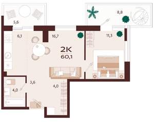 2-к квартира, вторичка, 60м2, 3/9 этаж