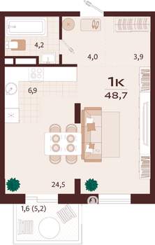 1-к квартира, вторичка, 49м2, 5/9 этаж