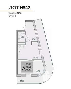 1-к квартира, строящийся дом, 78м2, 3/9 этаж
