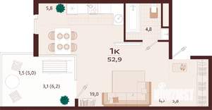 1-к квартира, строящийся дом, 53м2, 2/7 этаж