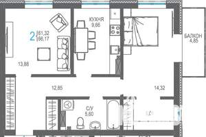2-к квартира, строящийся дом, 66м2, 9/16 этаж