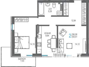 2-к квартира, строящийся дом, 64м2, 4/16 этаж