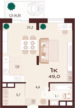 1-к квартира, строящийся дом, 49м2, 8/8 этаж