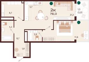 2-к квартира, строящийся дом, 78м2, 2/7 этаж