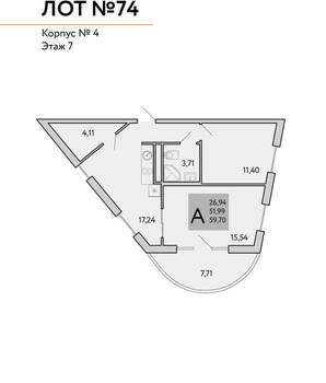 2-к квартира, вторичка, 60м2, 7/9 этаж