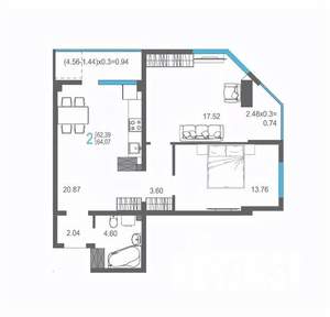 2-к квартира, вторичка, 64м2, 12/17 этаж