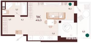 1-к квартира, вторичка, 49м2, 5/9 этаж