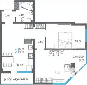 2-к квартира, строящийся дом, 64м2, 14/17 этаж
