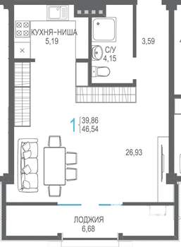 1-к квартира, строящийся дом, 47м2, 6/7 этаж