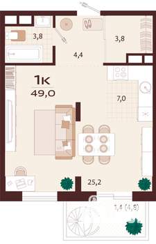 1-к квартира, вторичка, 49м2, 6/9 этаж