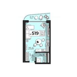 1-к квартира, строящийся дом, 39м2, 5/6 этаж