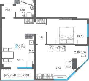 2-к квартира, сданный дом, 64м2, 10/15 этаж