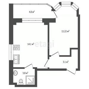 1-к квартира, вторичка, 37м2, 5/9 этаж