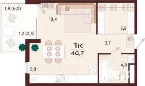 1-к квартира, строящийся дом, 47м2, 4/7 этаж