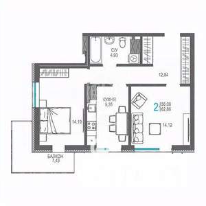 2-к квартира, вторичка, 63м2, 12/16 этаж