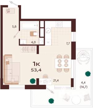 1-к квартира, вторичка, 53м2, 2/9 этаж
