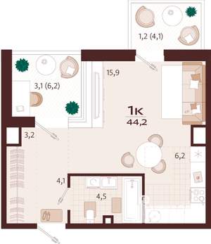 1-к квартира, строящийся дом, 44м2, 7/9 этаж