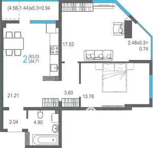2-к квартира, строящийся дом, 65м2, 3/17 этаж