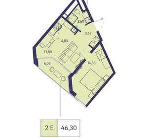 2-к квартира, вторичка, 46м2, 6/20 этаж