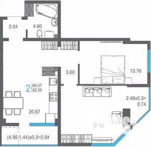 2-к квартира, строящийся дом, 64м2, 13/17 этаж