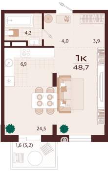 1-к квартира, вторичка, 49м2, 3/9 этаж