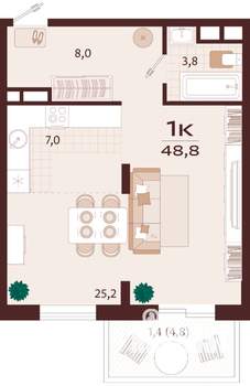 1-к квартира, строящийся дом, 49м2, 4/8 этаж